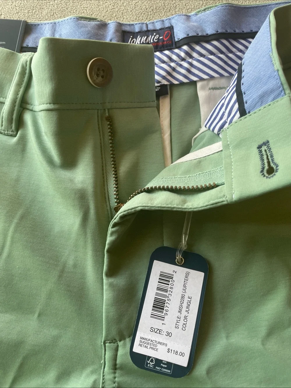 johnnie-O Jupiter Logo Mens Jungle Green Performance Golf Shorts NWT Sz 30 $118